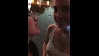 Two Hot Friends Kissing in the Rain *HARD NIPPLES NO BRA*